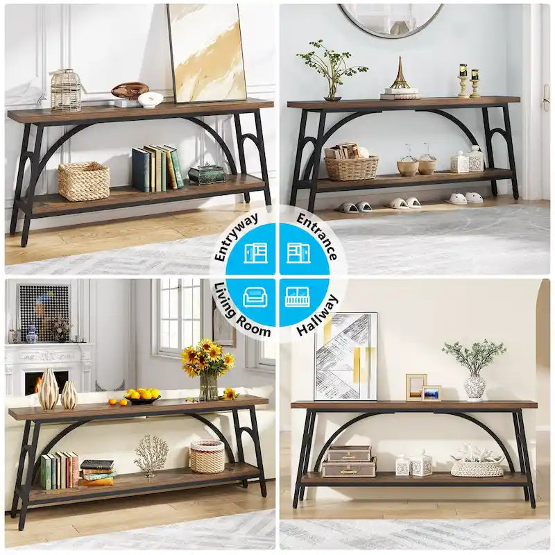 2-Tier Extra Long Console Table with Steel Frame – Rustic Brown+White / Grey+Black / Rustic Brown+Black / White, 1-Unit