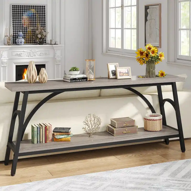 2-Tier Extra Long Console Table with Steel Frame – Rustic Brown+White / Grey+Black / Rustic Brown+Black / White, 1-Unit