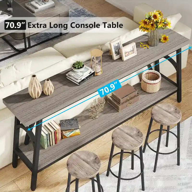 2-Tier Extra Long Console Table with Steel Frame – Rustic Brown+White / Grey+Black / Rustic Brown+Black / White, 1-Unit