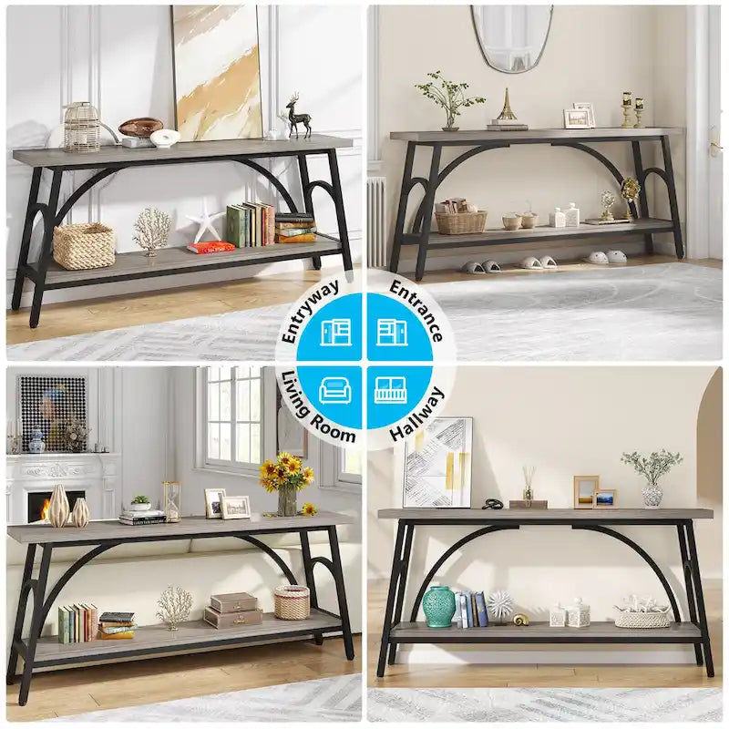 2-Tier Extra Long Console Table with Steel Frame – Rustic Brown+White / Grey+Black / Rustic Brown+Black / White, 1-Unit