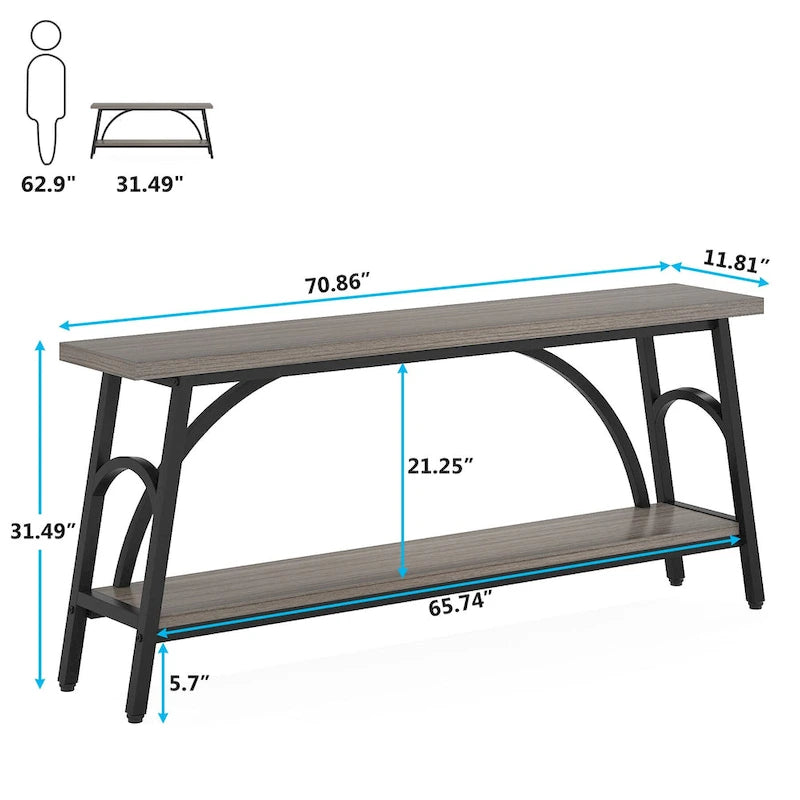 2-Tier Extra Long Console Table with Steel Frame – Rustic Brown+White / Grey+Black / Rustic Brown+Black / White, 1-Unit
