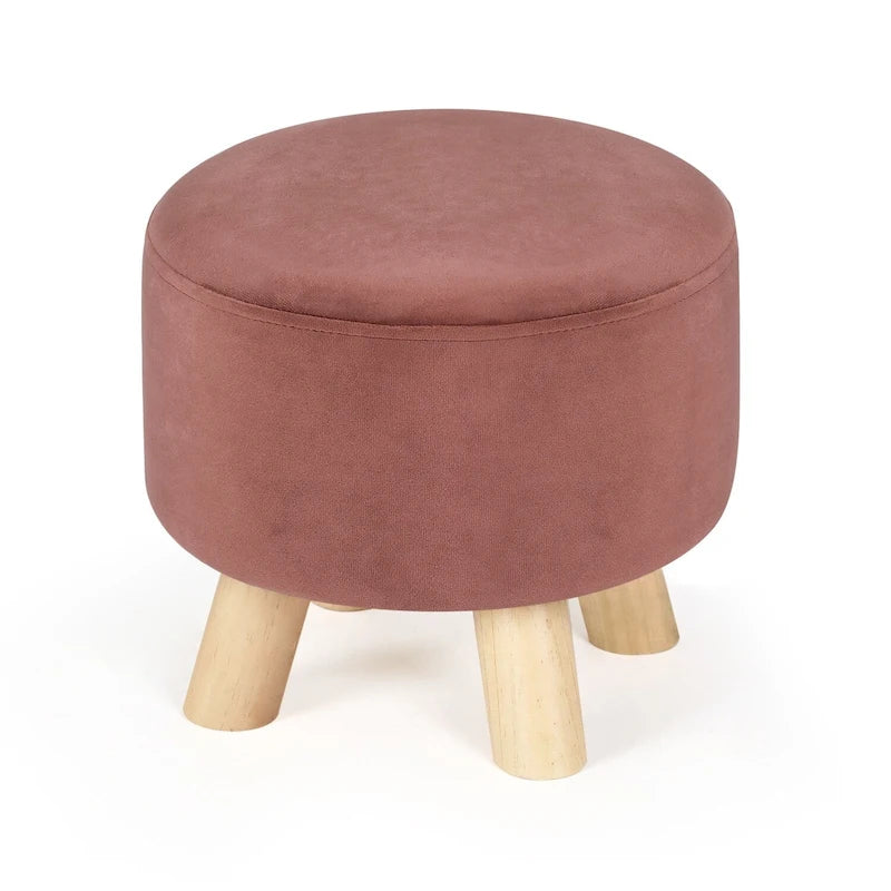 Round Velvet Ottoman Footrest Stool with Wood Legs – Orange / Watermelon / Taupe / White Teddy Velvet, 1-Person Use