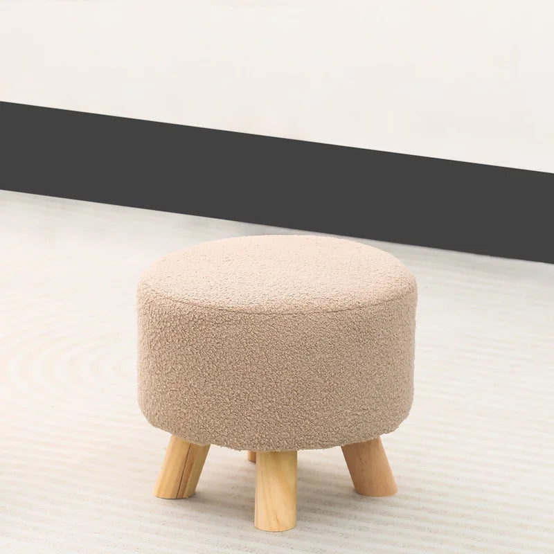 Round Velvet Ottoman Footrest Stool with Wood Legs – Orange / Watermelon / Taupe / White Teddy Velvet, 1-Person Use