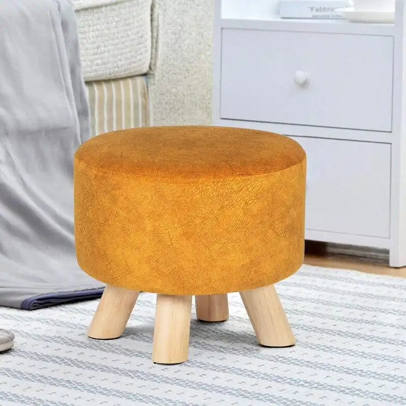 Round Velvet Ottoman Footrest Stool with Wood Legs – Orange / Watermelon / Taupe / White Teddy Velvet, 1-Person Use