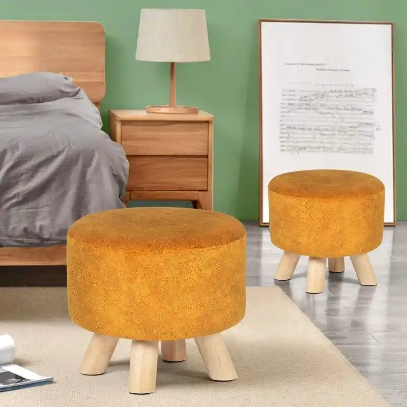 Round Velvet Ottoman Footrest Stool with Wood Legs – Orange / Watermelon / Taupe / White Teddy Velvet, 1-Person Use