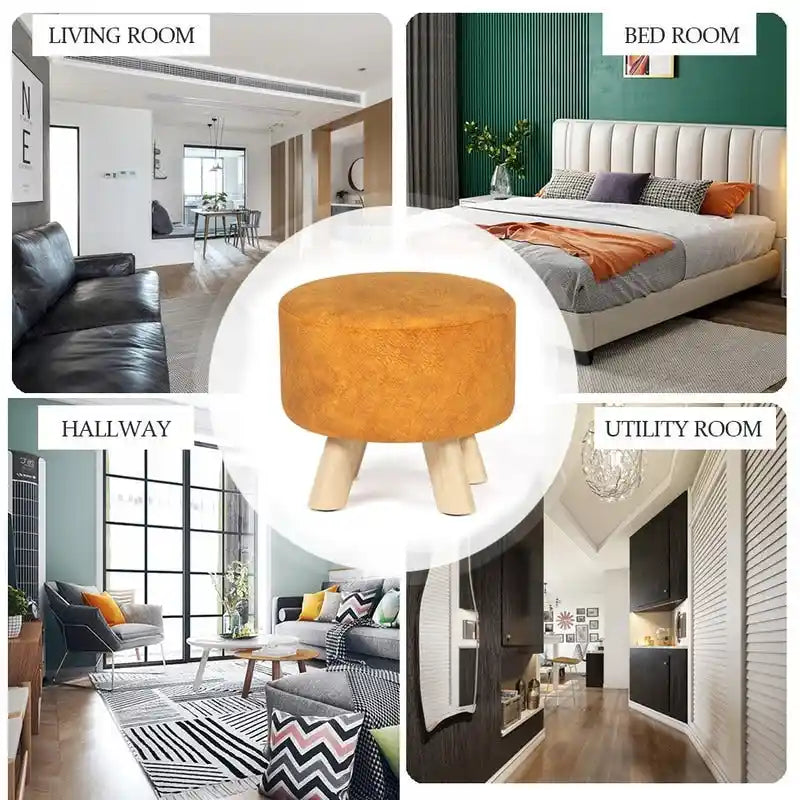 Round Velvet Ottoman Footrest Stool with Wood Legs – Orange / Watermelon / Taupe / White Teddy Velvet, 1-Person Use