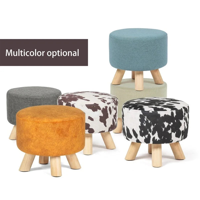 Round Velvet Ottoman Footrest Stool with Wood Legs – Orange / Watermelon / Taupe / White Teddy Velvet, 1-Person Use
