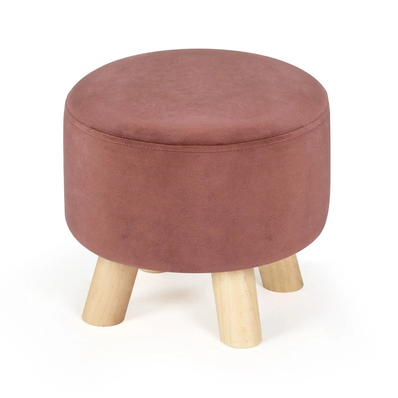 Round Velvet Ottoman Footrest Stool with Wood Legs – Orange / Watermelon / Taupe / White Teddy Velvet, 1-Person Use