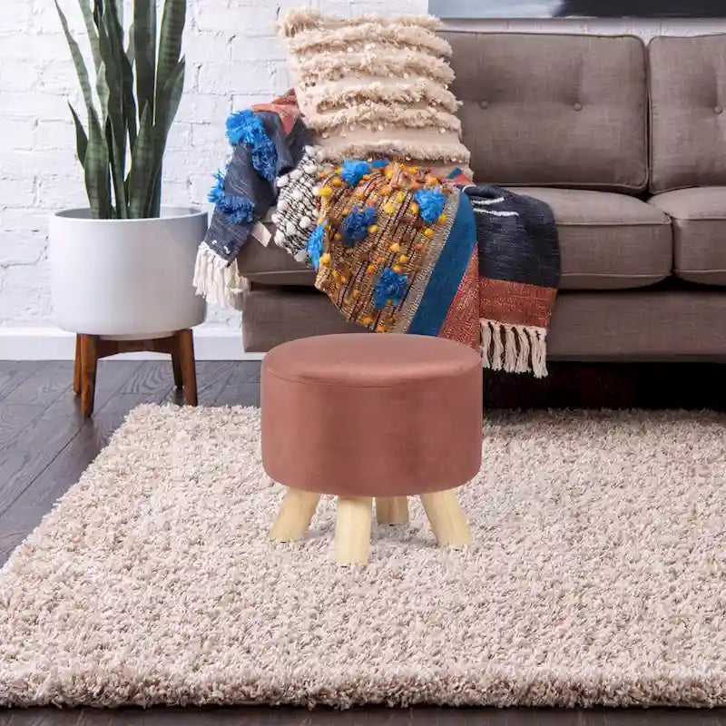 Round Velvet Ottoman Footrest Stool with Wood Legs – Orange / Watermelon / Taupe / White Teddy Velvet, 1-Person Use