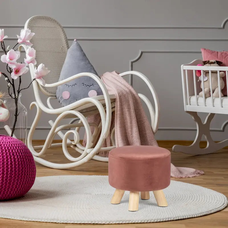 Round Velvet Ottoman Footrest Stool with Wood Legs – Orange / Watermelon / Taupe / White Teddy Velvet, 1-Person Use