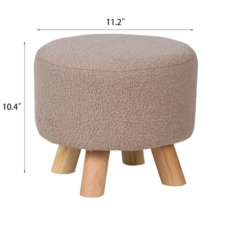 Round Velvet Ottoman Footrest Stool with Wood Legs – Orange / Watermelon / Taupe / White Teddy Velvet, 1-Person Use