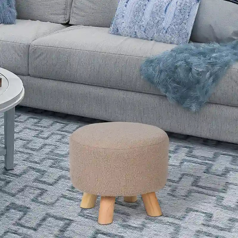 Round Velvet Ottoman Footrest Stool with Wood Legs – Orange / Watermelon / Taupe / White Teddy Velvet, 1-Person Use