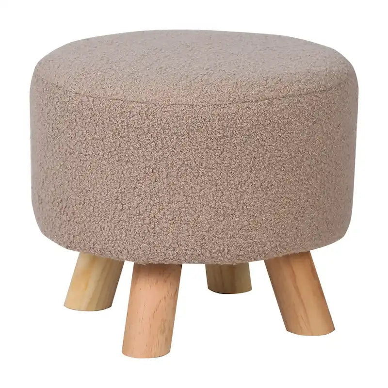 Round Velvet Ottoman Footrest Stool with Wood Legs – Orange / Watermelon / Taupe / White Teddy Velvet, 1-Person Use