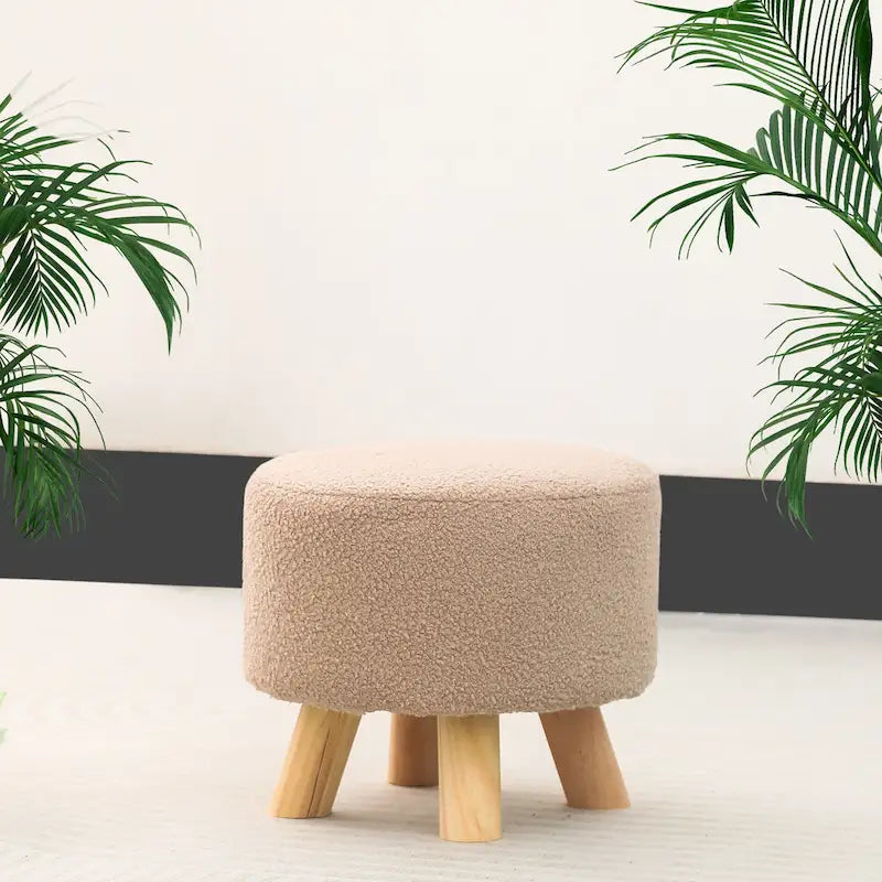 Round Velvet Ottoman Footrest Stool with Wood Legs – Orange / Watermelon / Taupe / White Teddy Velvet, 1-Person Use