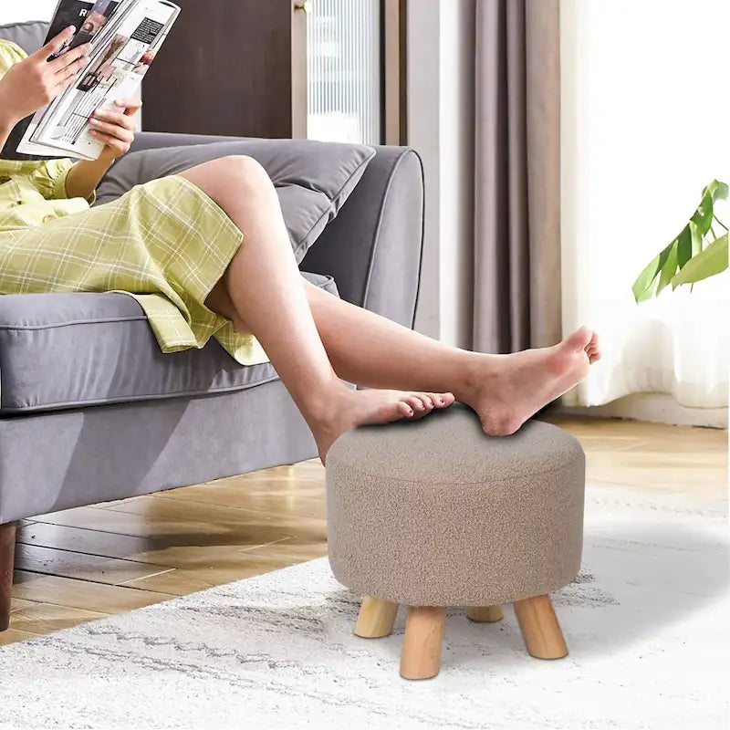 Round Velvet Ottoman Footrest Stool with Wood Legs – Orange / Watermelon / Taupe / White Teddy Velvet, 1-Person Use