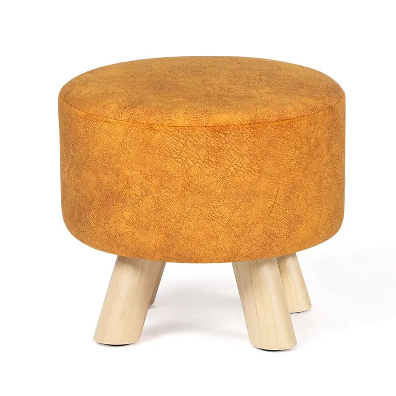 Round Velvet Ottoman Footrest Stool with Wood Legs – Orange / Watermelon / Taupe / White Teddy Velvet, 1-Person Use