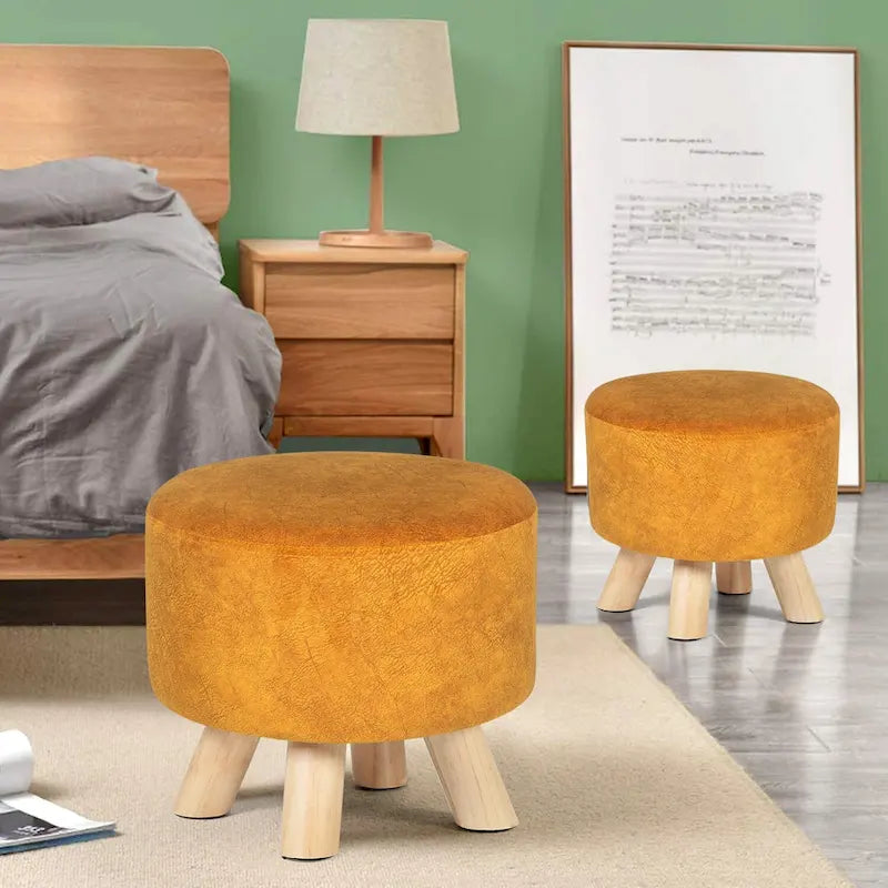 Round Velvet Ottoman Footrest Stool with Wood Legs – Orange / Watermelon / Taupe / White Teddy Velvet, 1-Person Use