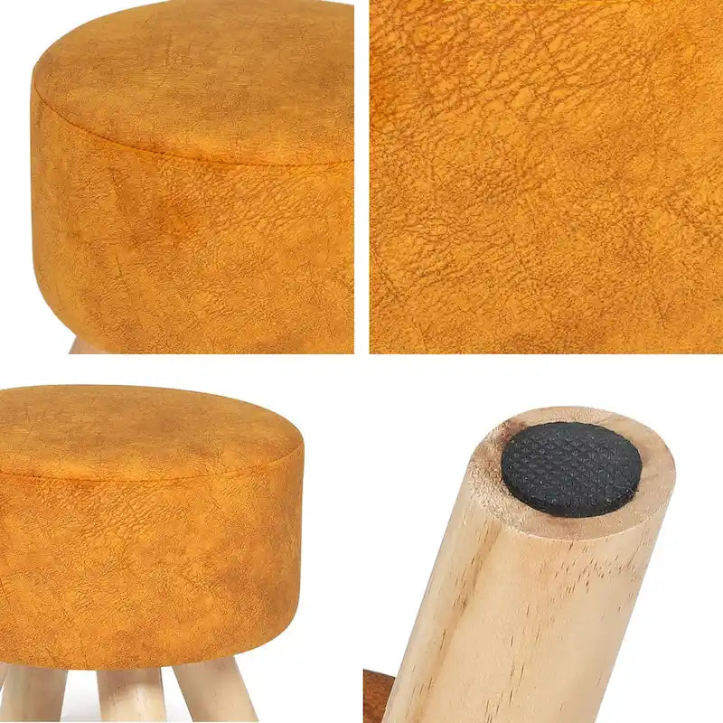 Round Velvet Ottoman Footrest Stool with Wood Legs – Orange / Watermelon / Taupe / White Teddy Velvet, 1-Person Use