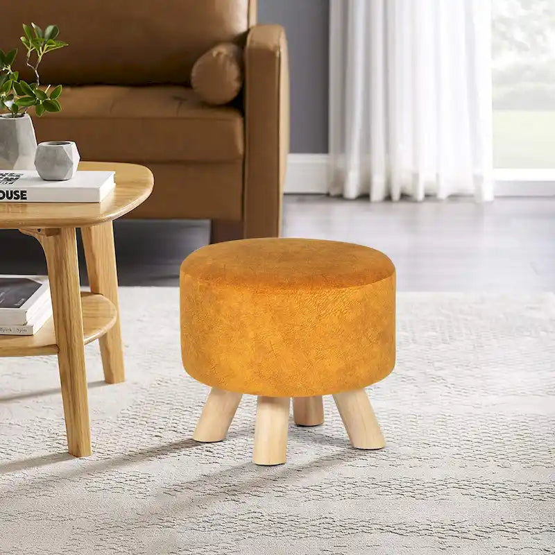 Round Velvet Ottoman Footrest Stool with Wood Legs – Orange / Watermelon / Taupe / White Teddy Velvet, 1-Person Use