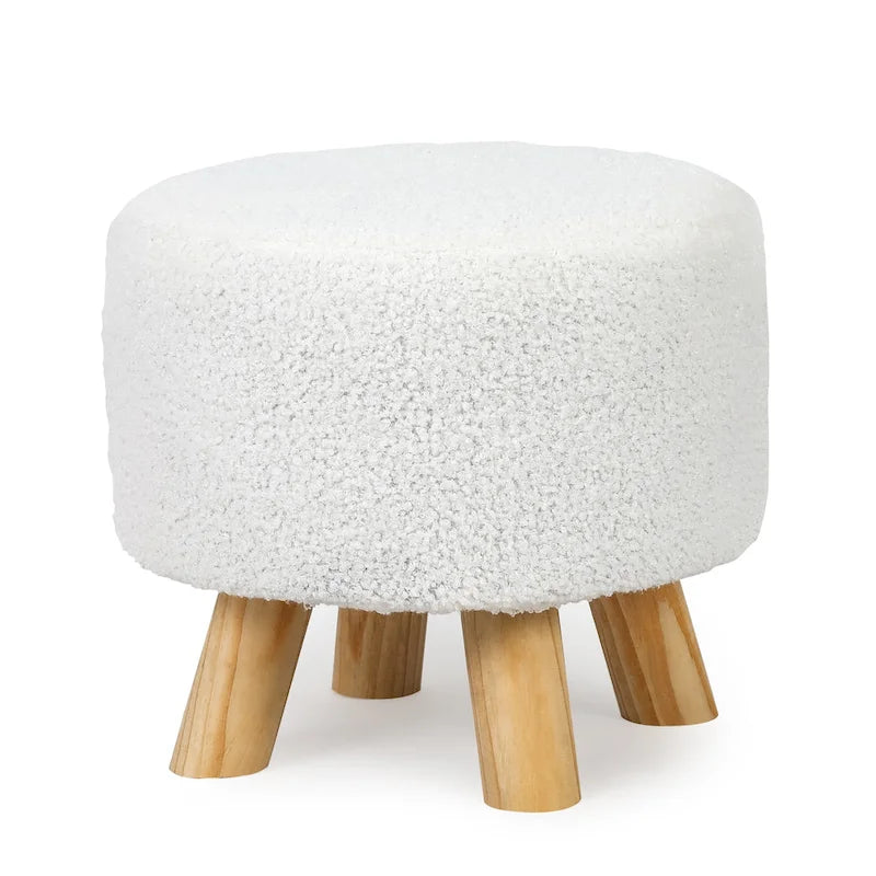 Round Velvet Ottoman Footrest Stool with Wood Legs – Orange / Watermelon / Taupe / White Teddy Velvet, 1-Person Use