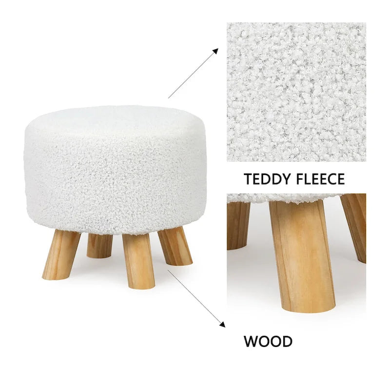 Round Velvet Ottoman Footrest Stool with Wood Legs – Orange / Watermelon / Taupe / White Teddy Velvet, 1-Person Use
