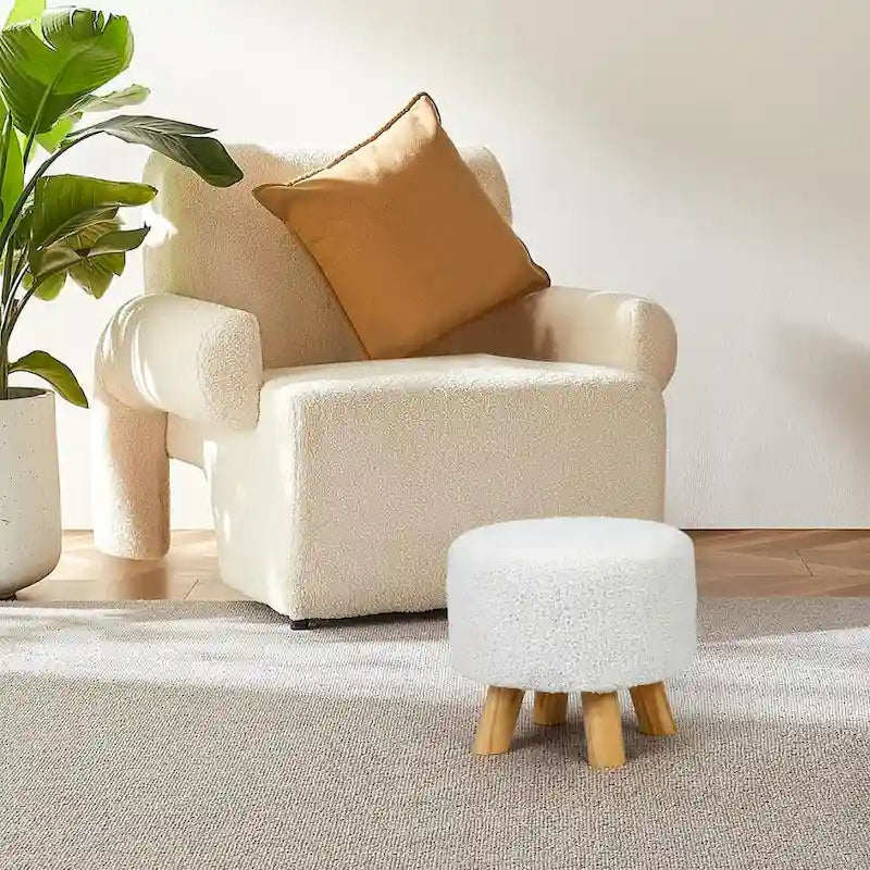 Round Velvet Ottoman Footrest Stool with Wood Legs – Orange / Watermelon / Taupe / White Teddy Velvet, 1-Person Use