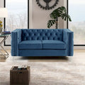Dutch Velvet Loveseat with Button Tufting and Iron Legs – Blue / Grey / Beige, 2-Person Use