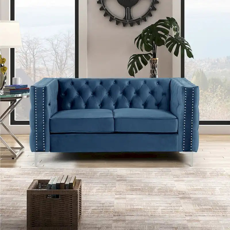 Dutch Velvet Loveseat with Button Tufting and Iron Legs – Blue / Grey / Beige, 2-Person Use
