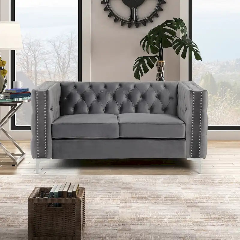 Dutch Velvet Loveseat with Button Tufting and Iron Legs – Blue / Grey / Beige, 2-Person Use