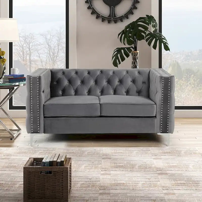 Dutch Velvet Loveseat with Button Tufting and Iron Legs – Blue / Grey / Beige, 2-Person Use