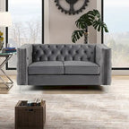 Dutch Velvet Loveseat with Button Tufting and Iron Legs – Blue / Grey / Beige, 2-Person Use