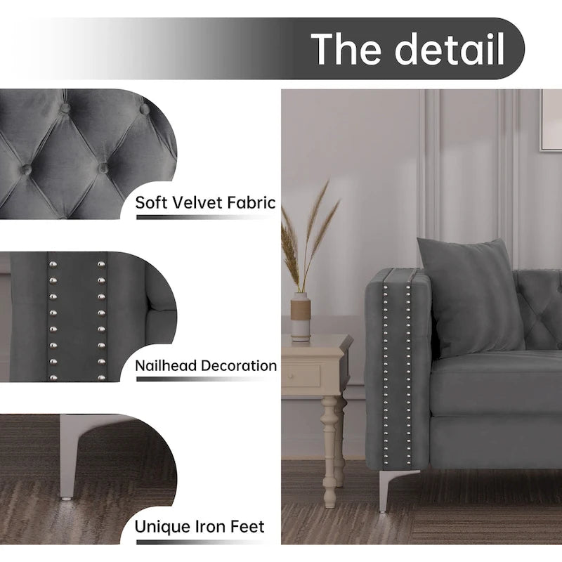 Dutch Velvet Loveseat with Button Tufting and Iron Legs – Blue / Grey / Beige, 2-Person Use