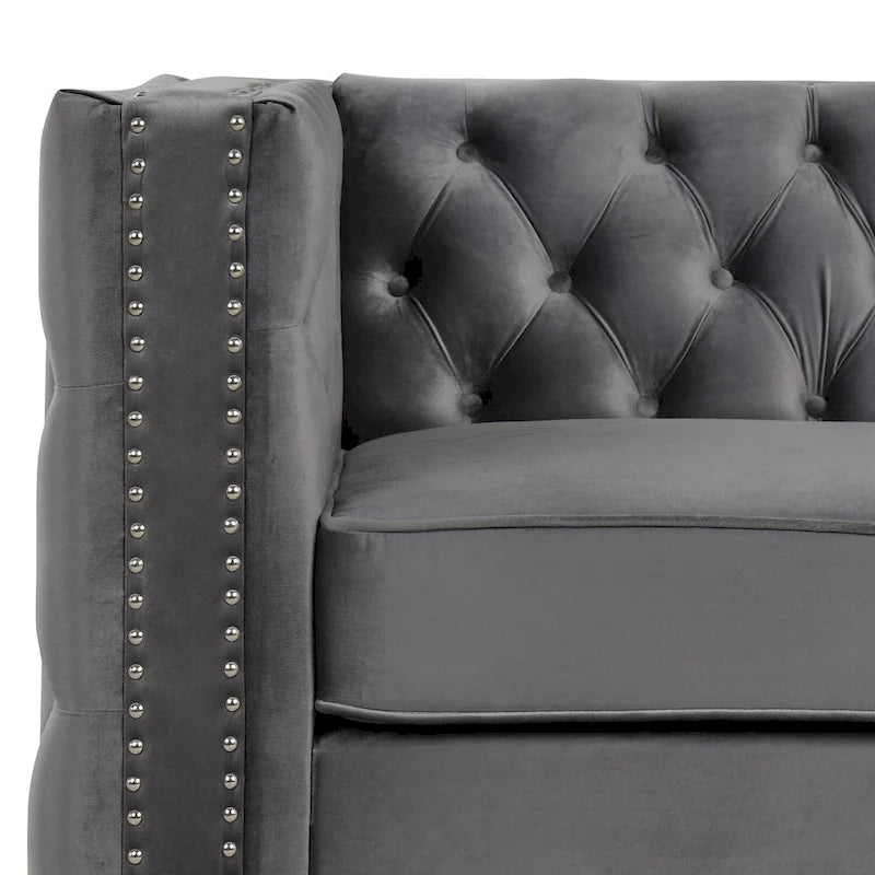Dutch Velvet Loveseat with Button Tufting and Iron Legs – Blue / Grey / Beige, 2-Person Use