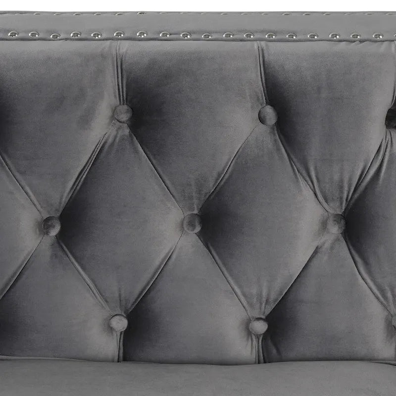 Dutch Velvet Loveseat with Button Tufting and Iron Legs – Blue / Grey / Beige, 2-Person Use
