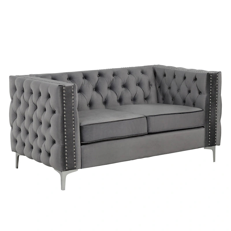Dutch Velvet Loveseat with Button Tufting and Iron Legs – Blue / Grey / Beige, 2-Person Use