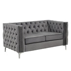 Dutch Velvet Loveseat with Button Tufting and Iron Legs – Blue / Grey / Beige, 2-Person Use