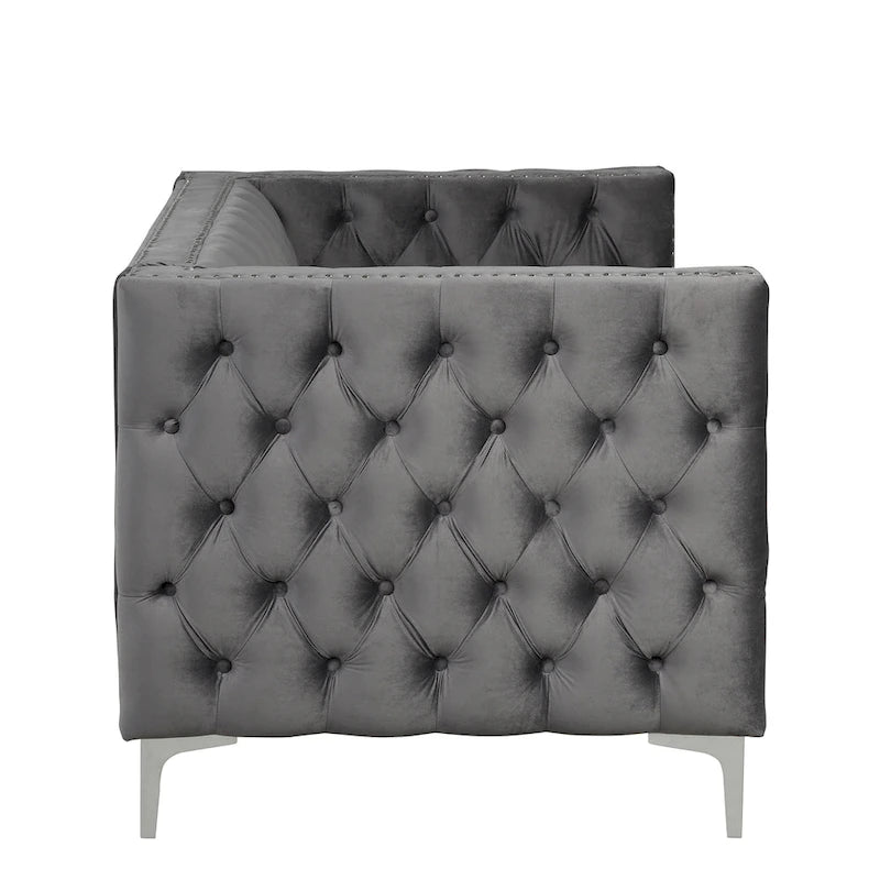 Dutch Velvet Loveseat with Button Tufting and Iron Legs – Blue / Grey / Beige, 2-Person Use