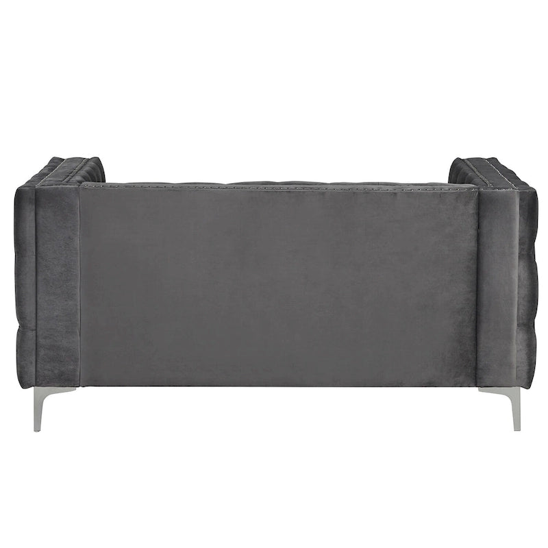 Dutch Velvet Loveseat with Button Tufting and Iron Legs – Blue / Grey / Beige, 2-Person Use
