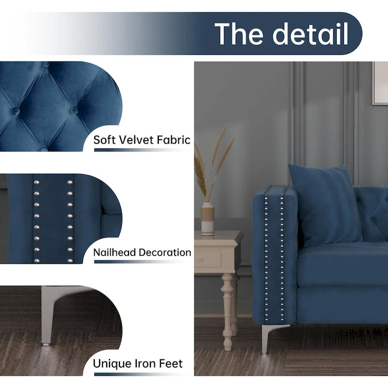 Dutch Velvet Loveseat with Button Tufting and Iron Legs – Blue / Grey / Beige, 2-Person Use
