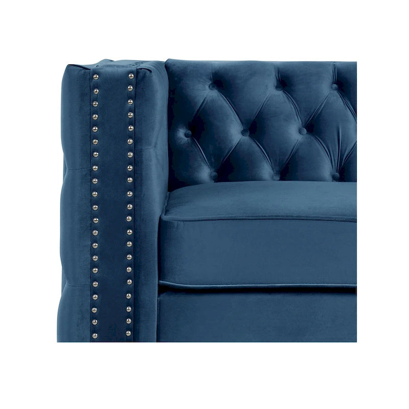 Dutch Velvet Loveseat with Button Tufting and Iron Legs – Blue / Grey / Beige, 2-Person Use