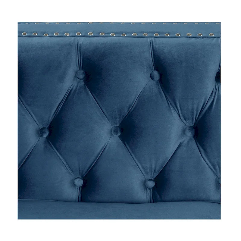 Dutch Velvet Loveseat with Button Tufting and Iron Legs – Blue / Grey / Beige, 2-Person Use
