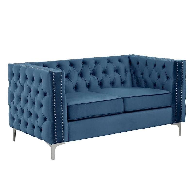 Dutch Velvet Loveseat with Button Tufting and Iron Legs – Blue / Grey / Beige, 2-Person Use