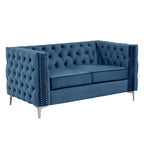 Dutch Velvet Loveseat with Button Tufting and Iron Legs – Blue / Grey / Beige, 2-Person Use
