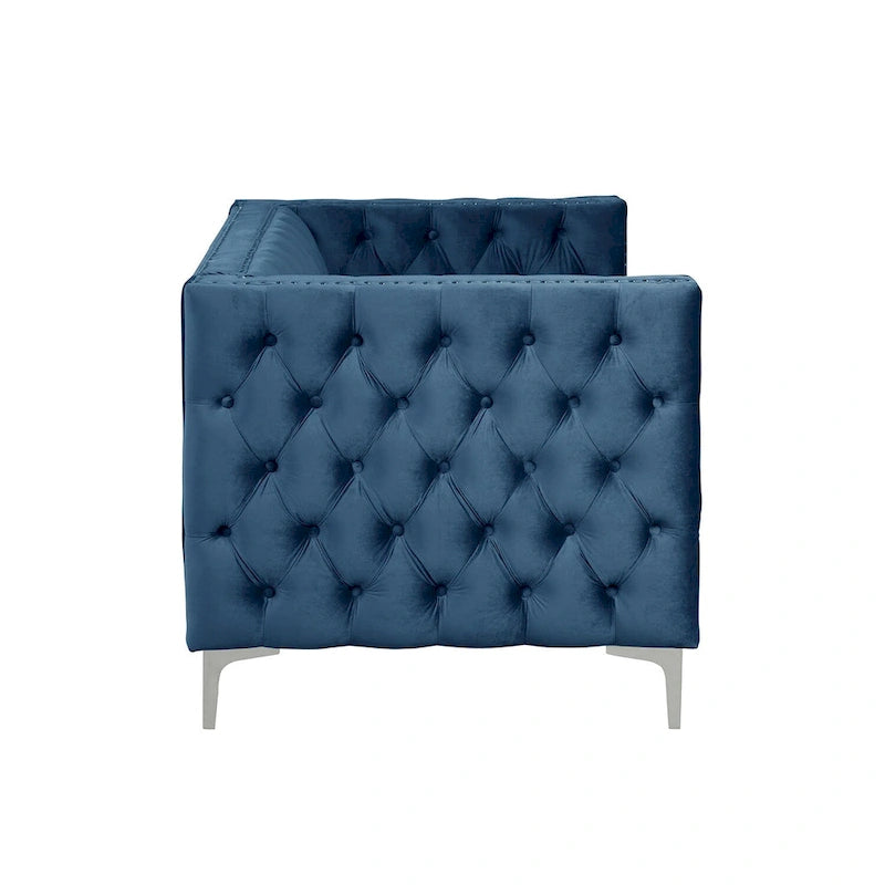 Dutch Velvet Loveseat with Button Tufting and Iron Legs – Blue / Grey / Beige, 2-Person Use