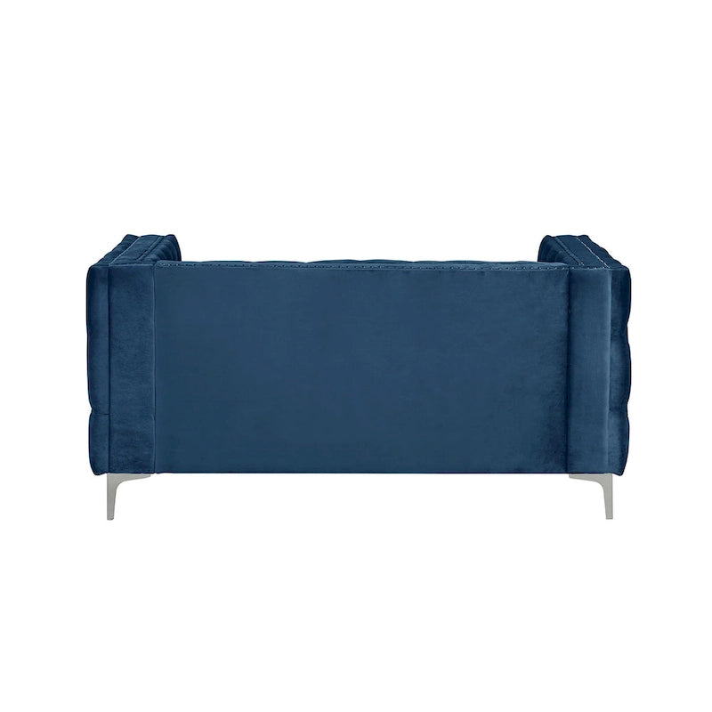 Dutch Velvet Loveseat with Button Tufting and Iron Legs – Blue / Grey / Beige, 2-Person Use
