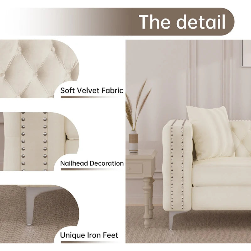 Dutch Velvet Loveseat with Button Tufting and Iron Legs – Blue / Grey / Beige, 2-Person Use