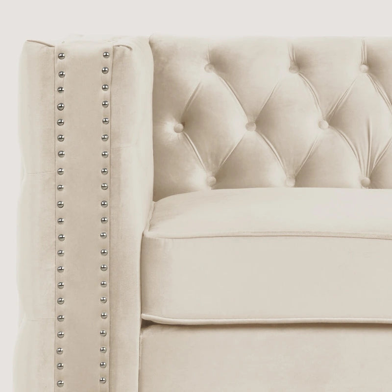 Dutch Velvet Loveseat with Button Tufting and Iron Legs – Blue / Grey / Beige, 2-Person Use