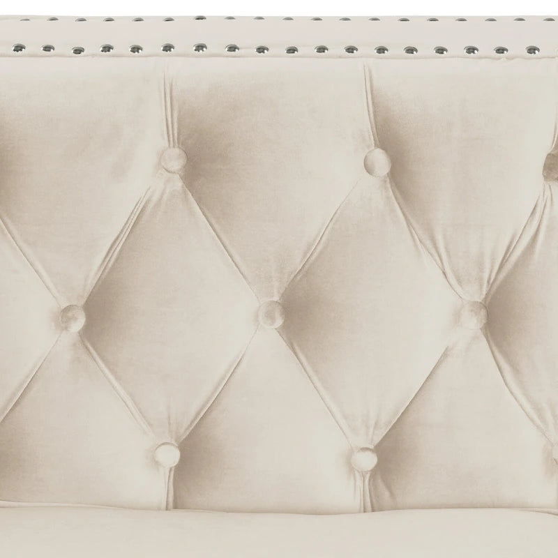 Dutch Velvet Loveseat with Button Tufting and Iron Legs – Blue / Grey / Beige, 2-Person Use