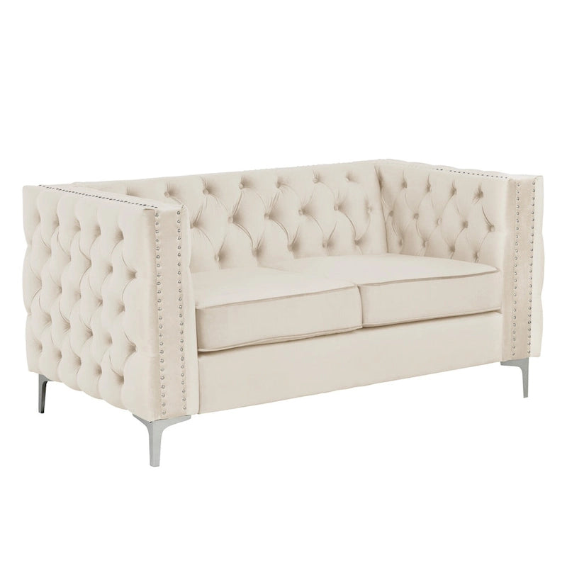 Dutch Velvet Loveseat with Button Tufting and Iron Legs – Blue / Grey / Beige, 2-Person Use