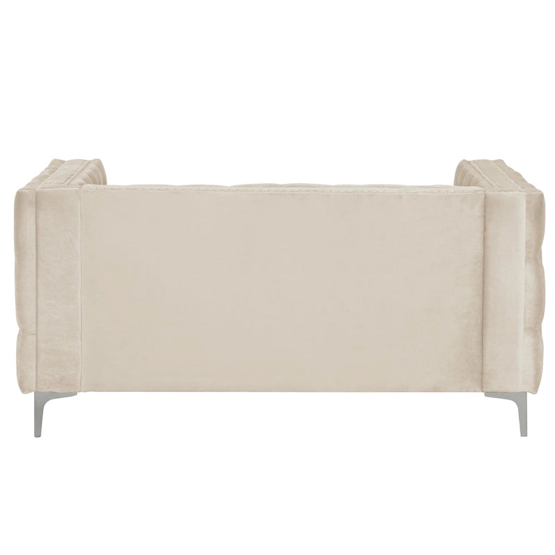 Dutch Velvet Loveseat with Button Tufting and Iron Legs – Blue / Grey / Beige, 2-Person Use